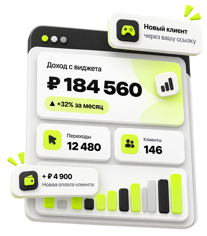Аналитический дашборд GamiBox с доходом, переходами и уведомлениями о новых клиентах